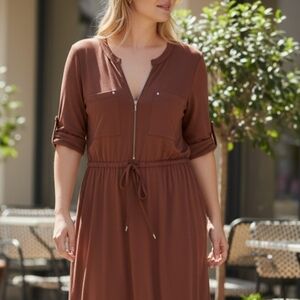 Zip-Front Brown Drawstring Midi Dress